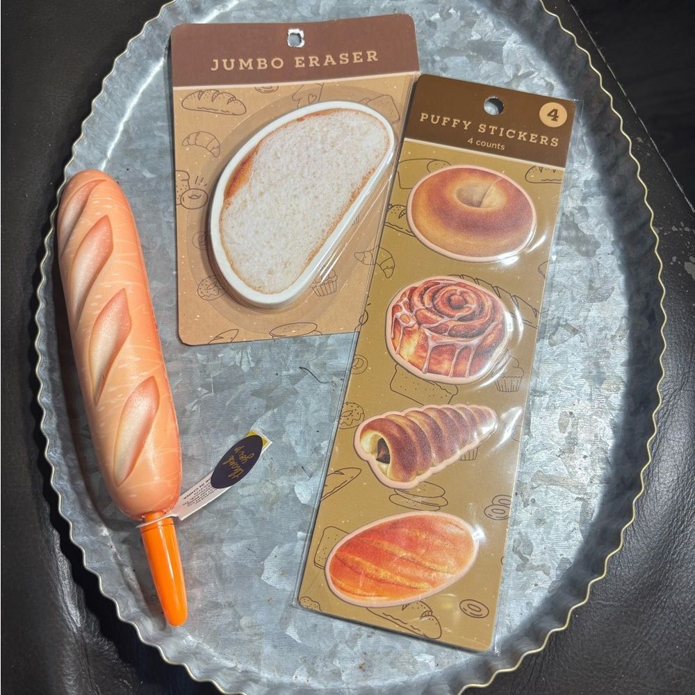 New Bread-Themed Jumbo Eraser & Puffy Sticker Set & Pen - Orange/Brown